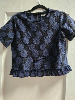 Storee Navy Blue Lace Floral Ruffle Hem Top